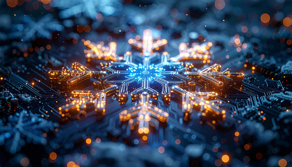Digital Snowflake: A mesmerizing macro shot unveils the intricate details of a snowflake formed from circuit board elements, glowing with electric blue and warm orange lights.