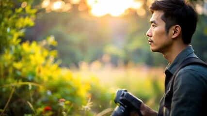 Asian Photographer Capturing Golden Hour Landscape with DSLR in Nature.