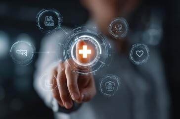 Fototapeta premium Person presses a glowing plus sign icon surrounded by health-related symbols on a digital interface, creating a futuristic medical concept