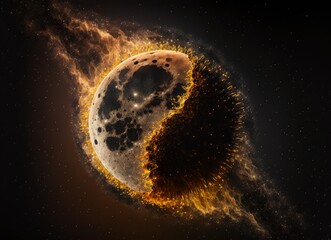 A moon or celestial body engulfed in fiery cosmic flames, spewing sparks and light into the dark expanse of space. 