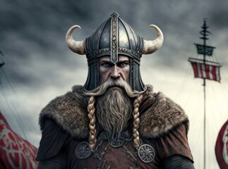 Portrait of a Viking warrior, featuring a stern gaze wears a horned helmet and a fur-trimmed cloak. In the background, a Viking longship mast with a striped sail and a cloudy sky.