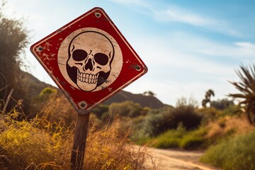 Old warning sign featuring skull on red background is displayed on a wooden post. The sign stands in a dry outdoor environment