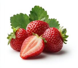 A vibrant cluster of red strawberries, one halved revealing its juicy interior, nestled with fresh green leaves against a white backdrop