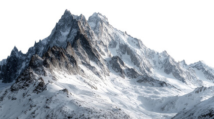 Snowy mountain ridge with sharp rocky peaks in winter landscape landscape isolated on transparent background