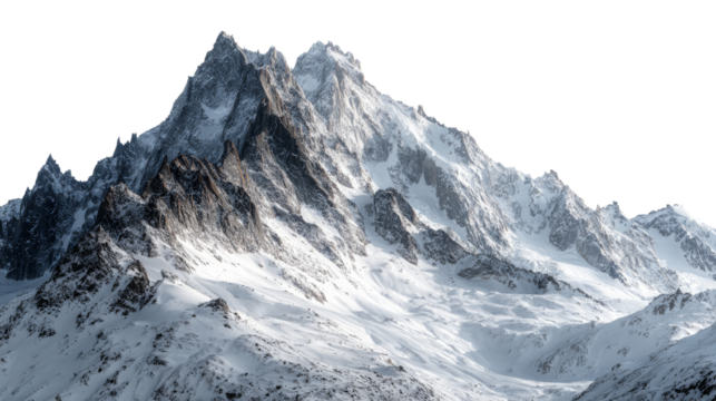 Snowy mountain ridge with sharp rocky peaks in winter landscape landscape isolated on transparent background