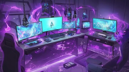 gaming room designed fantasy elements vtuber asset twitch zoom OBS, anime chill hip hop cyan purple colors manga loop animation virtual stream overlay wallpaper cozy room interior - Powered by Adobe