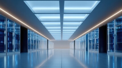 Modern Data Center Corridor with Blue LED Lighting and Server Racks in a Sleek, Futuristic Design
