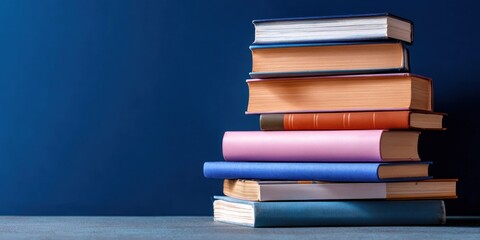 Fototapeta premium A stack of colorful, hardcover books sits on a textured surface against a dark blue backdrop. A still-life emphasizing knowledge and learning