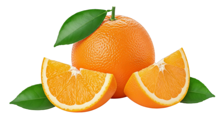 A vibrant, refreshing whole orange stands out with citrus wedges against a stark black backdrop.