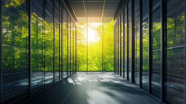 Eco friendly data center with glass walls and natural green forest outside, symbolizing sustainable IT infrastructure, renewable energy, and green cloud computing