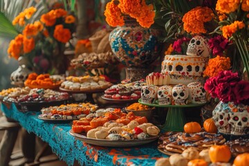 Fototapeta premium Elaborate day of the dead altar with sugar skulls and traditional mexican sweets