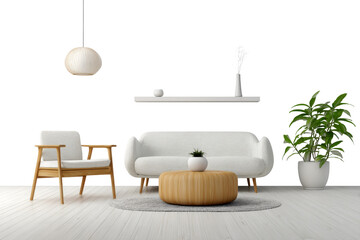 Minimal living room with white sofa armchair wooden table and plant isolated on transparent background