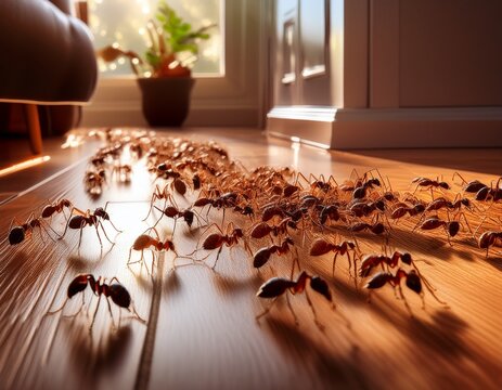 a close up image of ants invading a home floor emphasizing the urgent need for effective pest control and extermination solutions