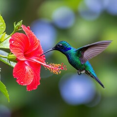 Fototapeta premium Iridescent Emerald Hummingbird Nectaring from a Vibrant Red Hibiscus Flower Adorned with Raindrops, Against a Soft Bokeh Background