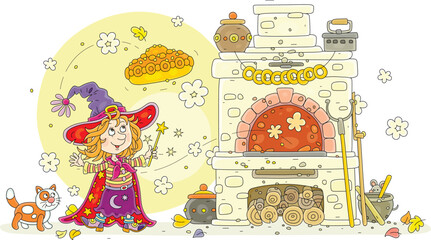 Happy little witch with her cat baking a traditional sweet pie in an old wood stove for a festive table, vector cartoon illustration on a white background