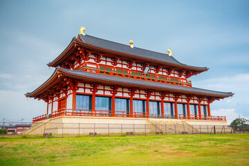 Obraz premium Daiichiji Daigokuden (Great Hall of State) of Heijo Palace Site Historical Park in historic city of Nara, Japan. This park belongs to Ancient Nara UNESCO World Heritage Site. 