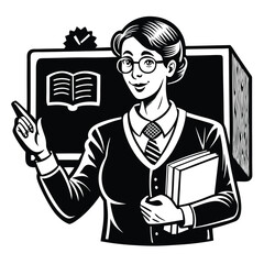 Retro styled monochrome woman teacher points to blackboard with book icon symbol