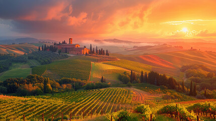 Sunrise over Tuscany's pastoral landscape with vineyards Generative AI