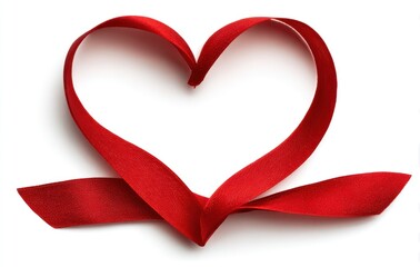 A red ribbon is shaped into a heart on a white surface, casting a soft shadow. Simple, elegant love concept