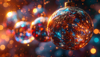 Festive Baubles: Three shimmering baubles sparkle with vibrant lights, creating a magical atmosphere perfect for the festive season, against a blurred background of bokeh.