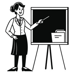 Smiling Asian female is pointing to the board with a pointer stick