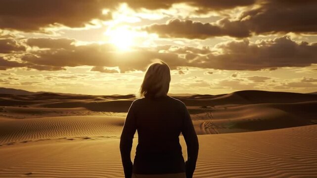 A woman stands in a vast desert landscape at sunset, contemplating the golden light.