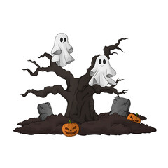 Whimsical Halloween Scene Featuring Ghosts, Pumpkins, and Gravestones in a Spooky Setting