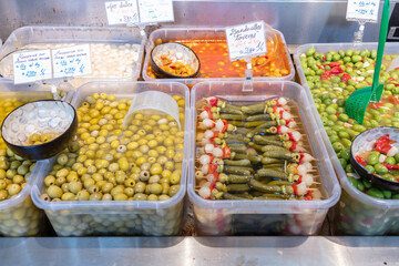 Atarazanas market, Malaga, Andalusia, Spain, 4 September 2025 olives for sale at market stall