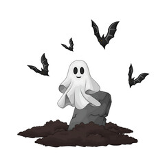 Cartoon ghost emerging from a gravestone surrounded by flying bats in a spooky atmosphere