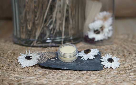 Natural homemade lip balm in transparent container on beige background with white flowers. DIY organic cosmetics, skincare, and eco-friendly handcrafted beauty concept.