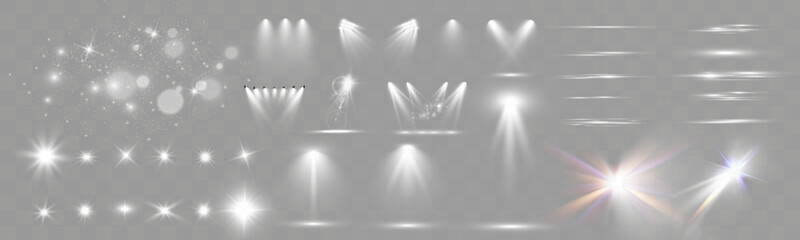 Set of light spotlight effects.Lens flare, explosion,sparkle, dust,line,solar flare, spark and stars.	