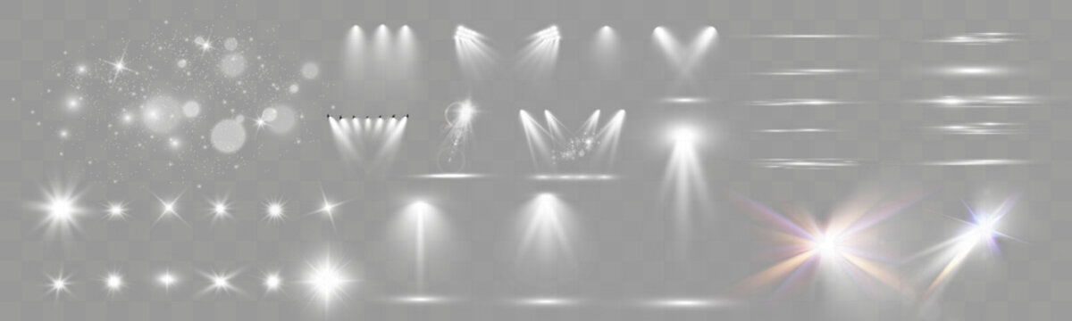 Set of light spotlight effects.Lens flare, explosion,sparkle, dust,line,solar flare, spark and stars.	