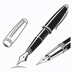 Two elegant fountain pens and a cap create artistic black ink lines