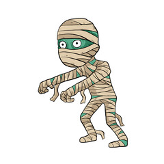 Cartoon mummy character with exaggerated features, posed in a playful stance, set against a blank background
