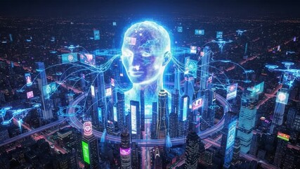 Illuminating the Future: A Glimpse into an Advanced AI-Driven Cityscape with Interactive Holograms Merging Technology and Urban Life at Night - Powered by Adobe