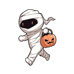 Playful cartoon mummy character joyfully running with a Halloween pumpkin basket in hand