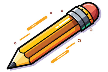 Cartoon style yellow pencil is pointing left with eraser and motion lines around