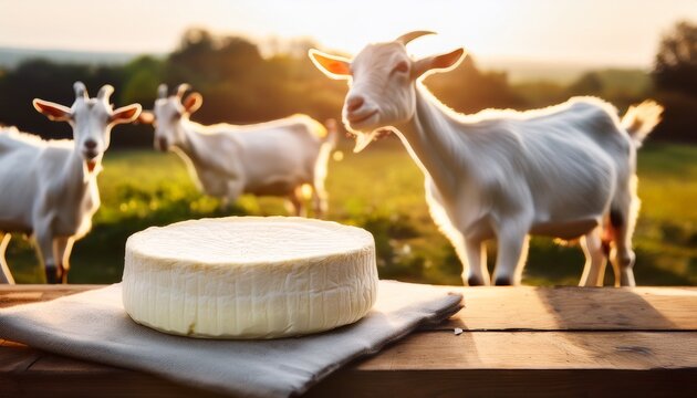 goat cheese on the table and goats walking on the farm