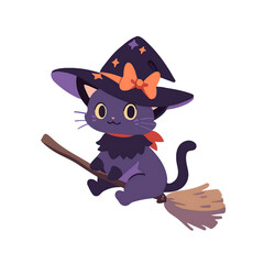 A playful black cat wearing a witch's hat and bow, flying on a broomstick during Halloween
