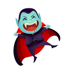 Cartoon vampire character joyfully celebrating with a red cape, set against a bright background