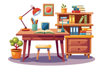 Wooden desk featuring an open book, lamp, and bookshelf offers a cozy workspace environment