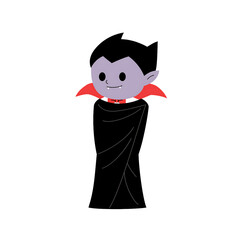 Playful cartoon vampire character with a red cape, smiling cheerfully against a simple background