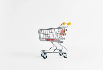 A lone shopping cart sits on a pristine white background,   isolated background,  supermarket
