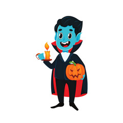 A cheerful cartoon vampire holding a pumpkin and candles, set against a festive Halloween backdrop