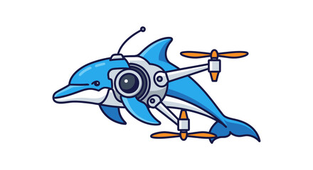 A cute cartoon robotic dolphin drone with a camera eye propellers and an antenna.