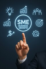 Fototapeta premium Businessman pointing at SME business growth icons on dark background