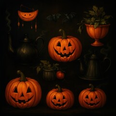 halloween pumpkins and bats