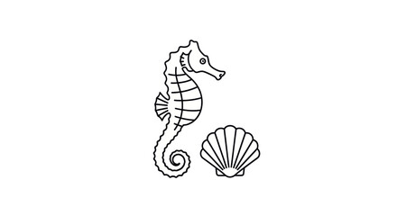 Simple Black Line Art Seahorse and Shell. © Ika