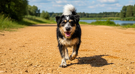 Energetic Dog on Dirt Path Joyful Outdoor Scene with Trees, Water & Sky