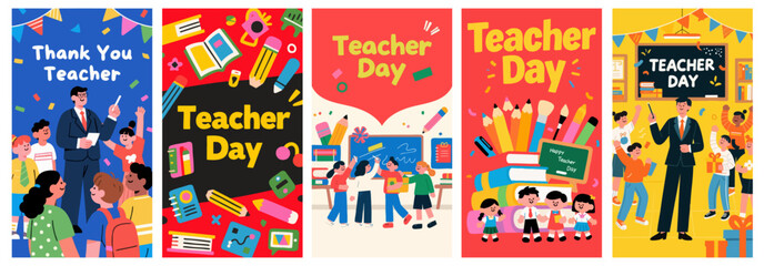Obraz premium Teacher’s Day Celebration Posters with Teachers and Students in Classroom